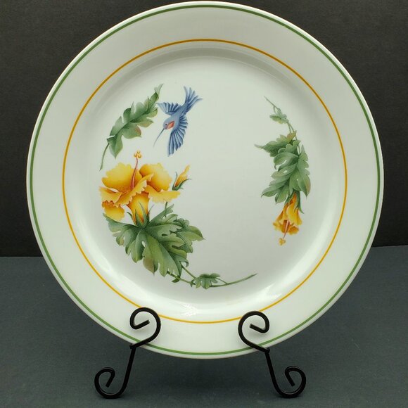 Corelle Hummingbird Dinner Plates Flowers Leaves Green Gold Bands - Picture 2 of 6